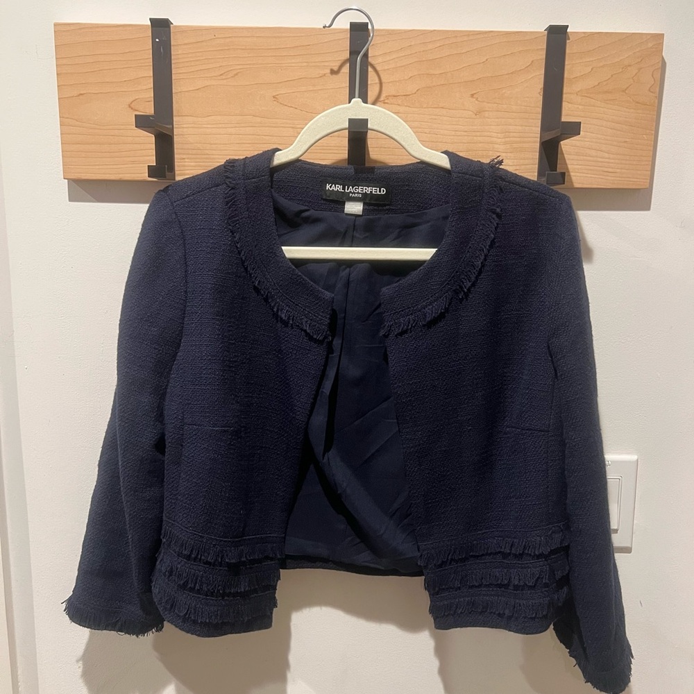 Karl Lagerfeld Paris Navy Tweed Cropped Jacket Fringe Trim Large